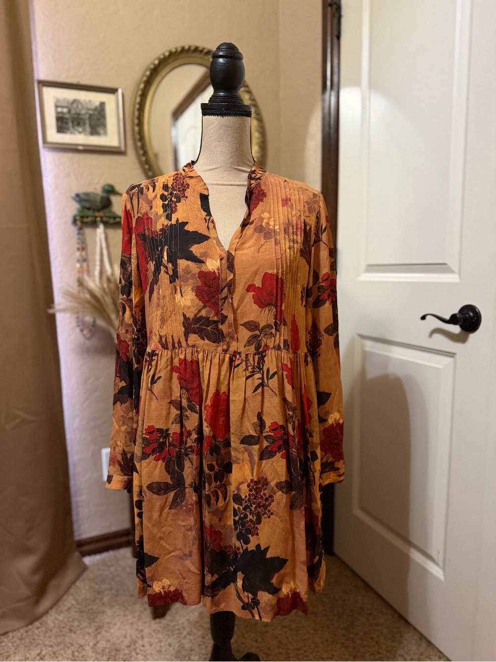 Peruvian Connection Rust and Red Floral Fit and Flare Long-Sleeve Dress